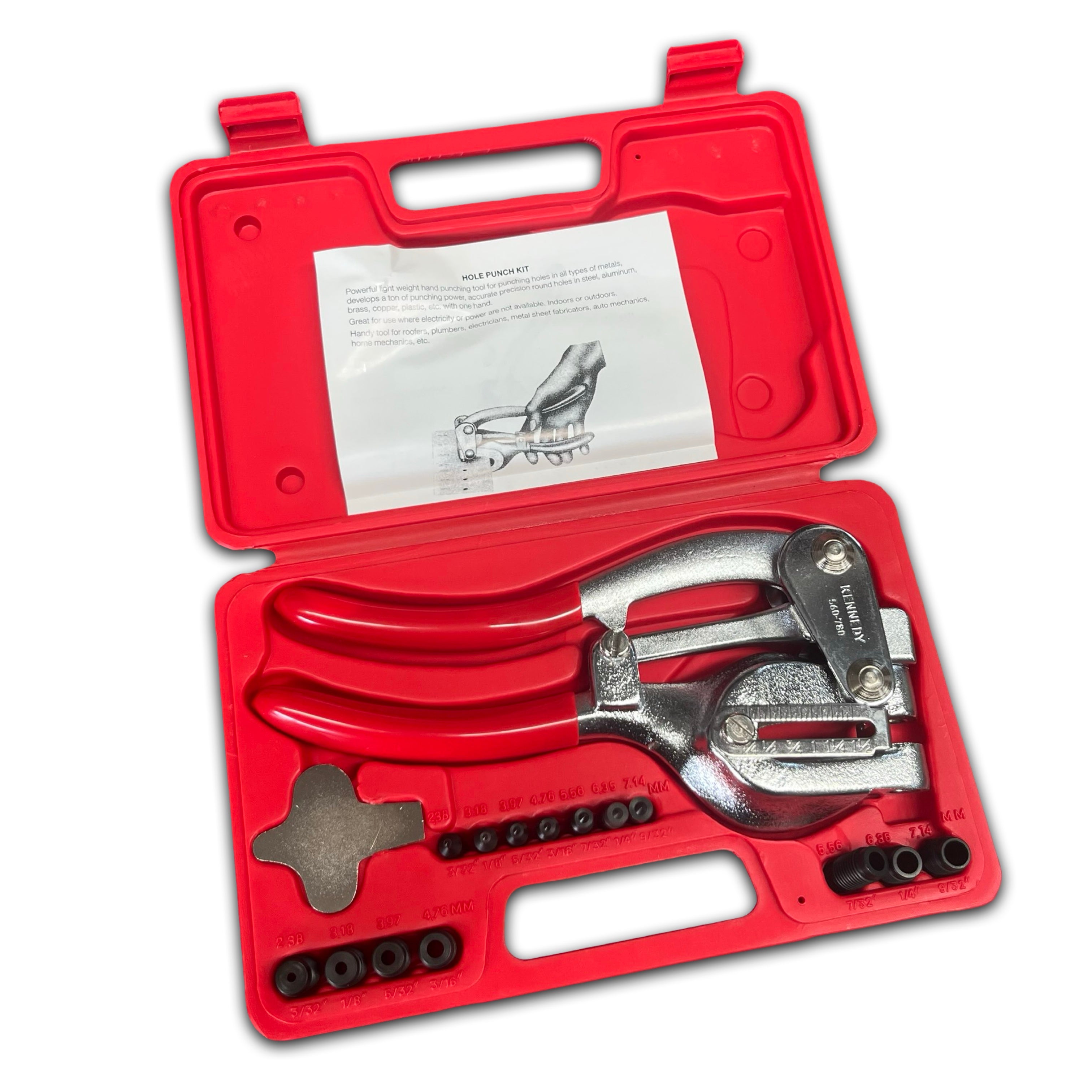 Set of metal tools in a red case with a white background