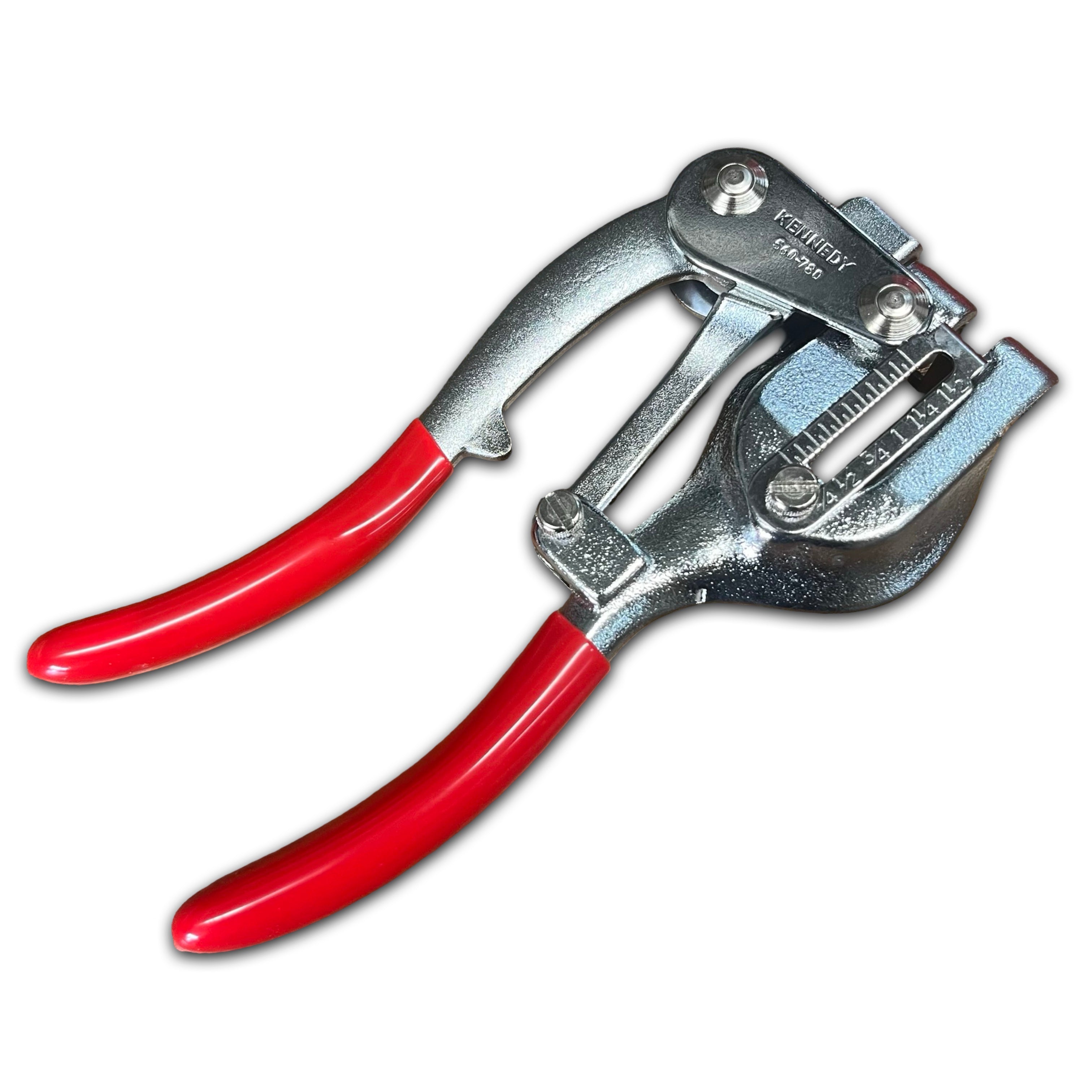 Metal Power Punch with red handles on a white background