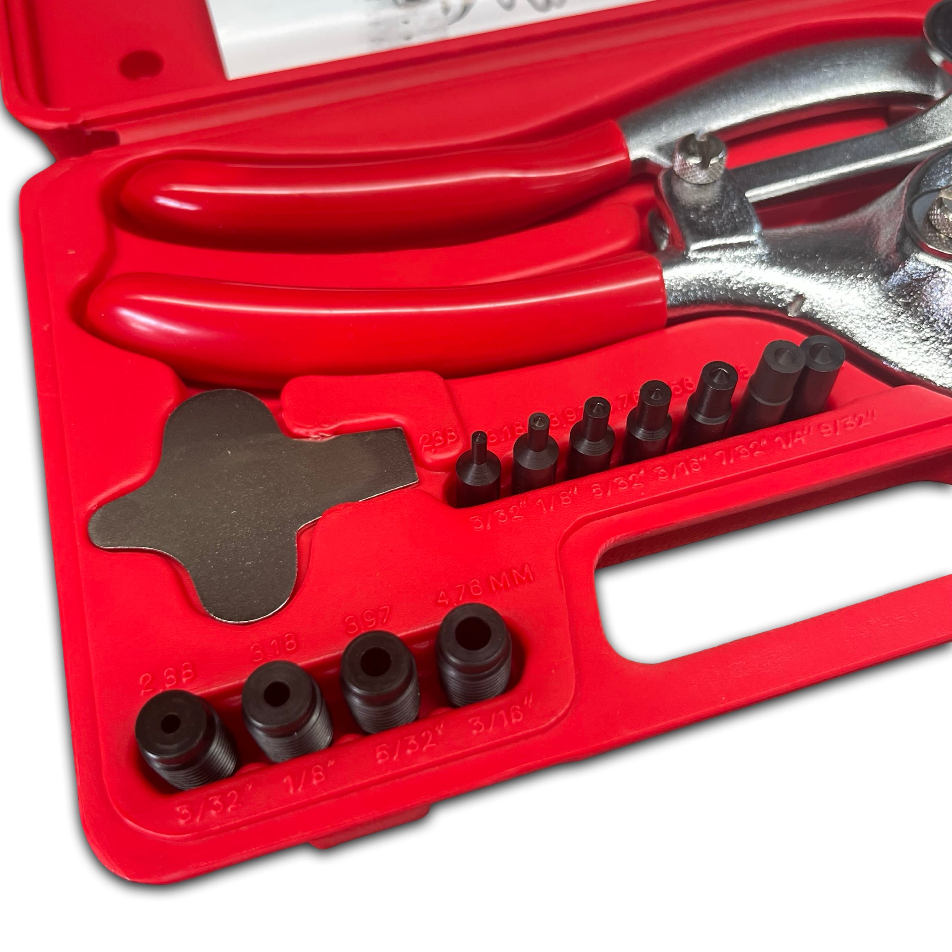 Red tool kit with pliers and various components on a white background