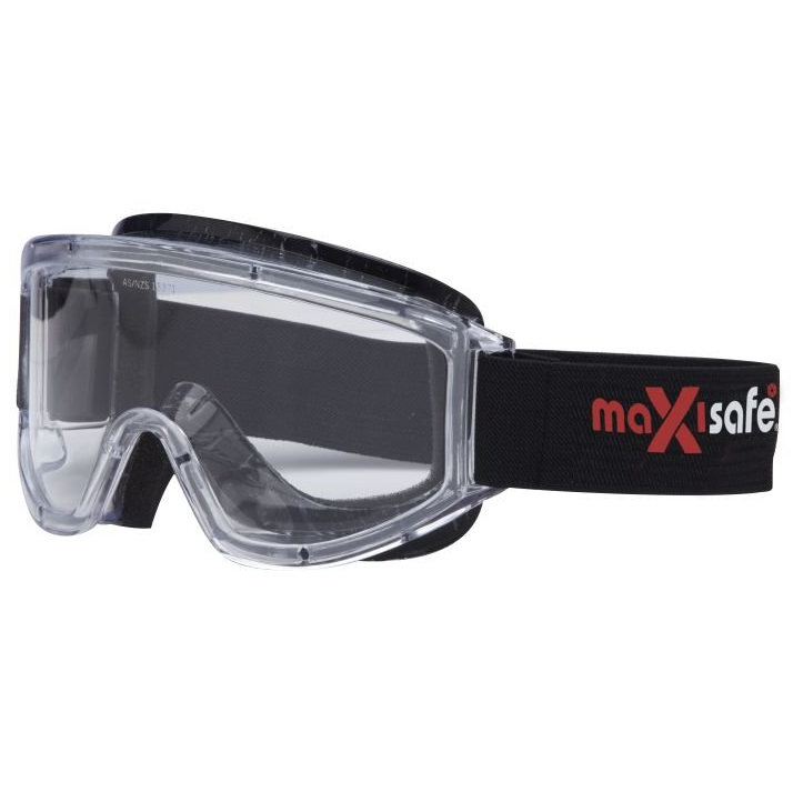 MaxiSafe safety goggles with clear lenses on a white background