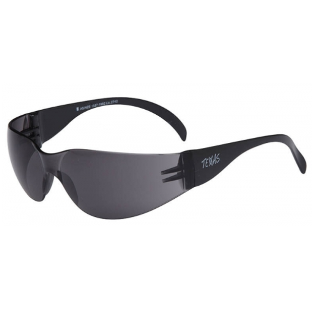 Black safety glasses with a clear lens on a white background